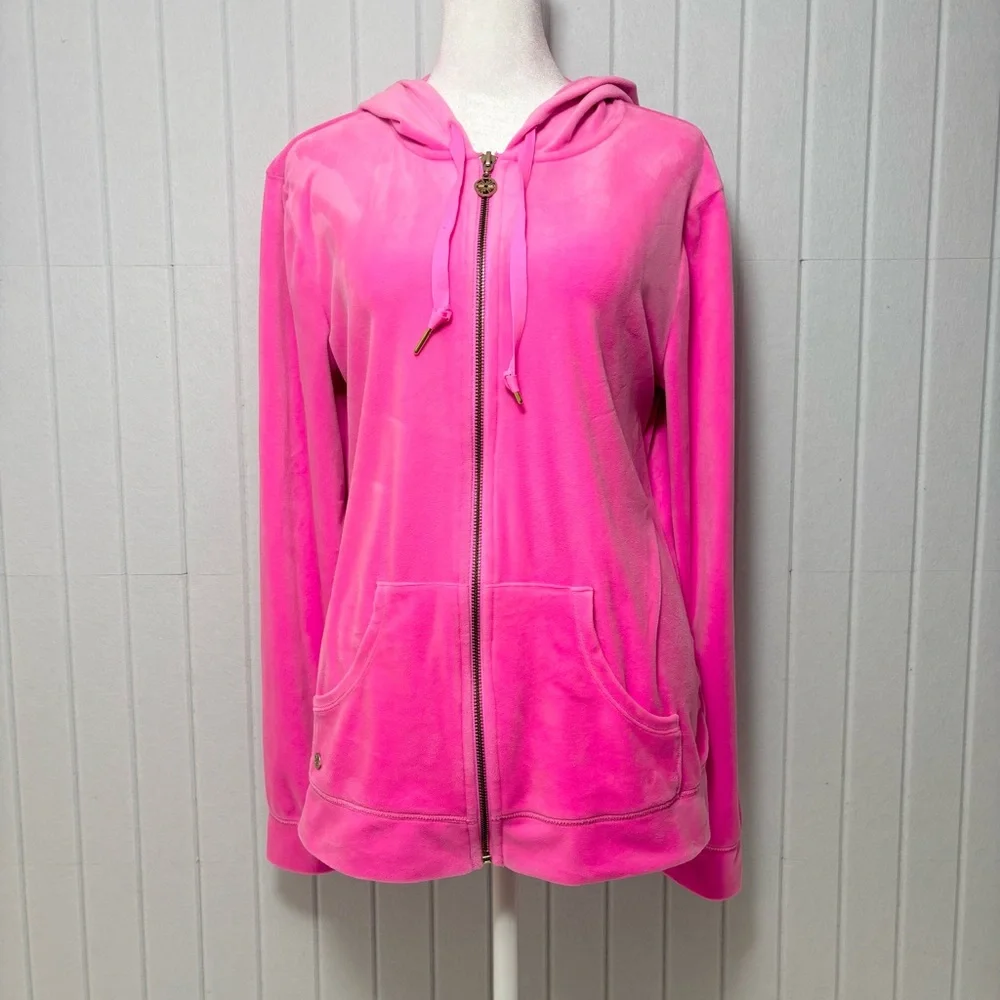 LILLY PULITZER LORINA‎ ZIP UP JACKET POPOVER SWEATSHIRT HOODIE VELOUR HOT PINK M